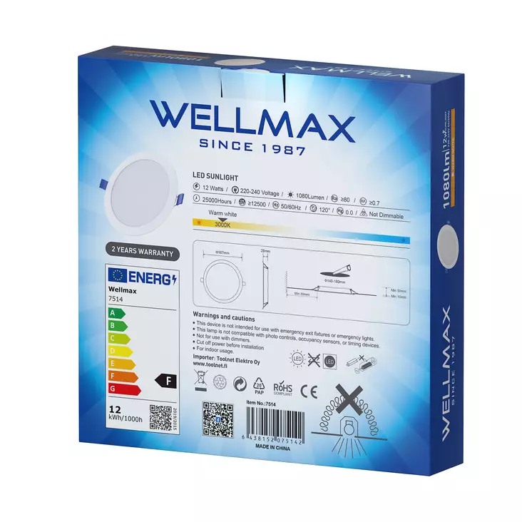 LED-alasvalo Wellmax 12 W, 1080 lm, 3000 K, Samsung LED, 140 - 160 mm 2
