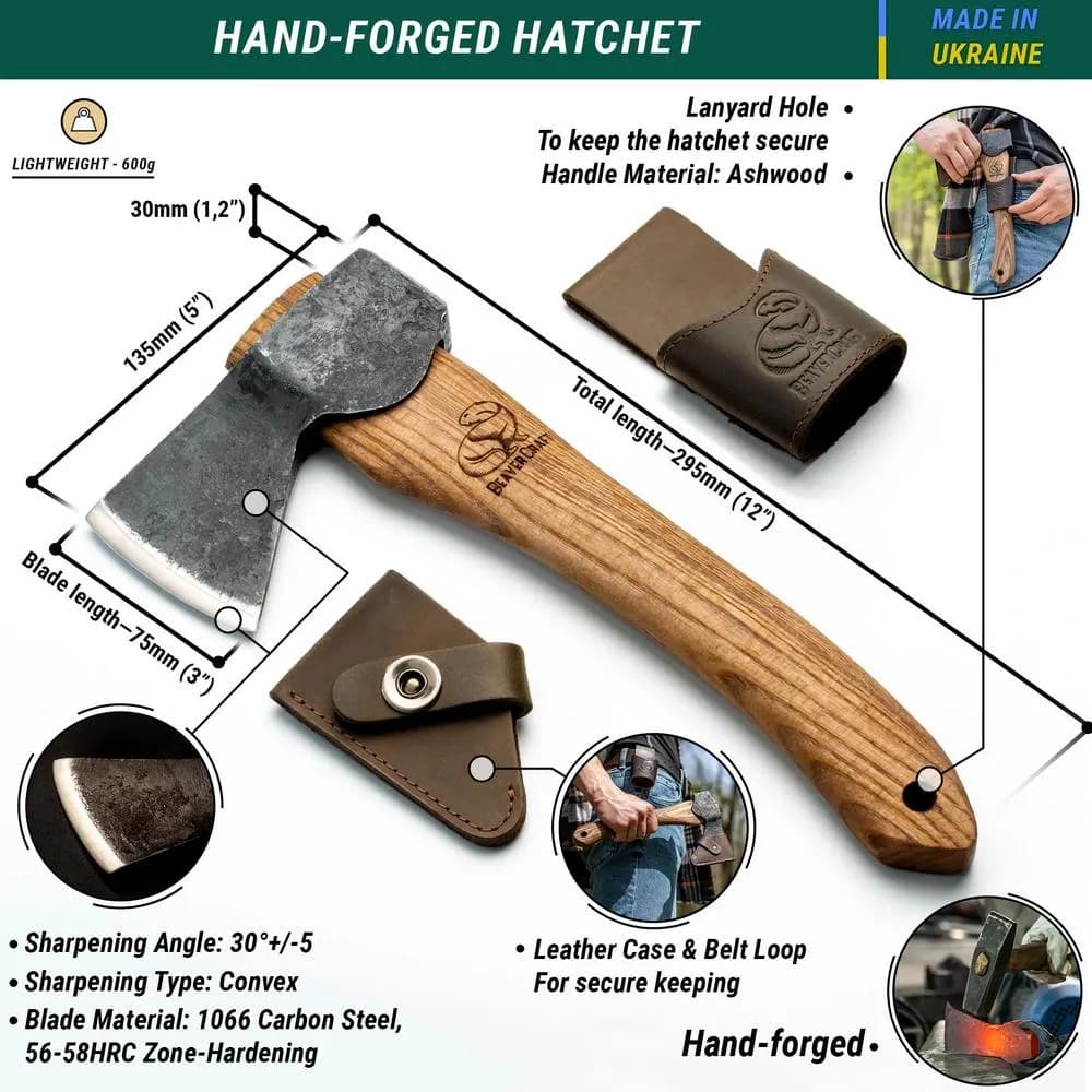 BeaverCraft Veistokirves 300 mm, nahkatuppi + vyökotelo 5