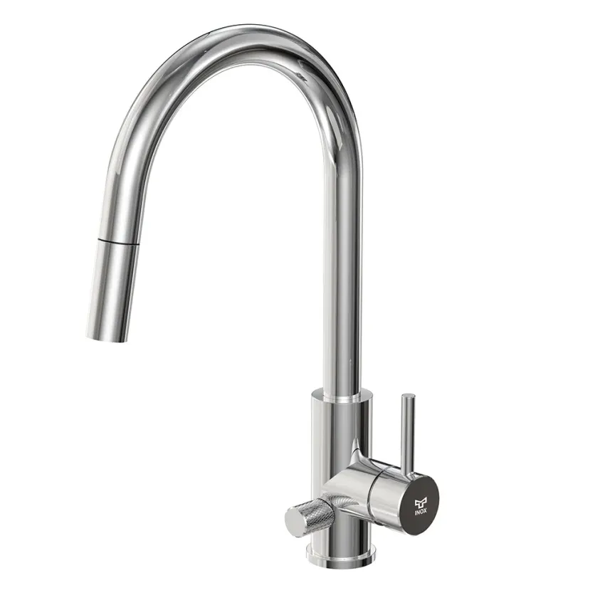 INOX by Tammiholma Q1 keittiöhana C-putkella, APK-liitännällä ja ulosvedettävällä suihkulla