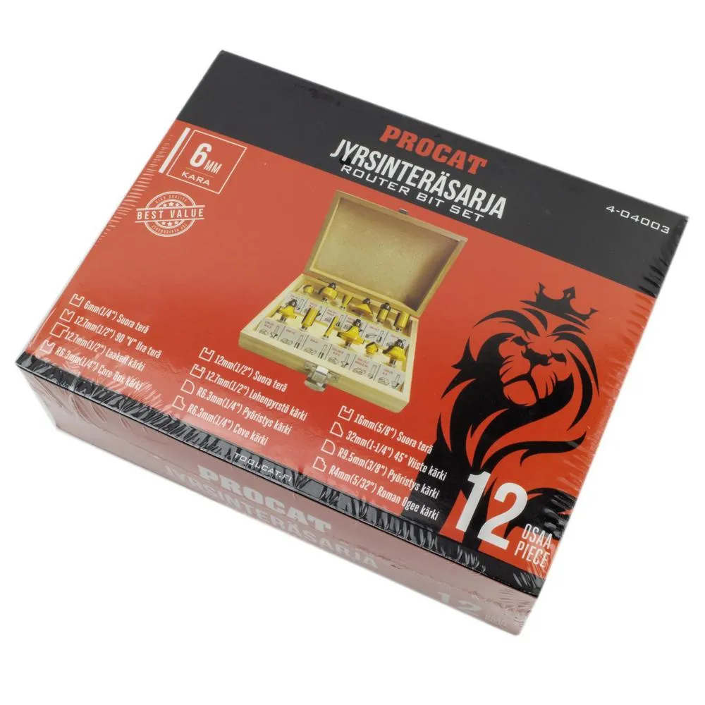 Procat Jyrsinteräsarja 12 osaa 6 mm karalla puulaatikossa 4