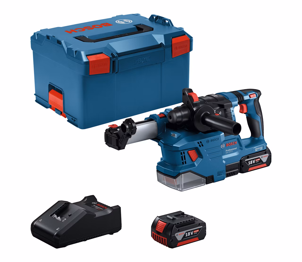 Bosch GBH 18V-22 akkuporavasara 18V SDS Plus 2 x 4,0 Ah + GDE 18V-12 + L-BOXX 1